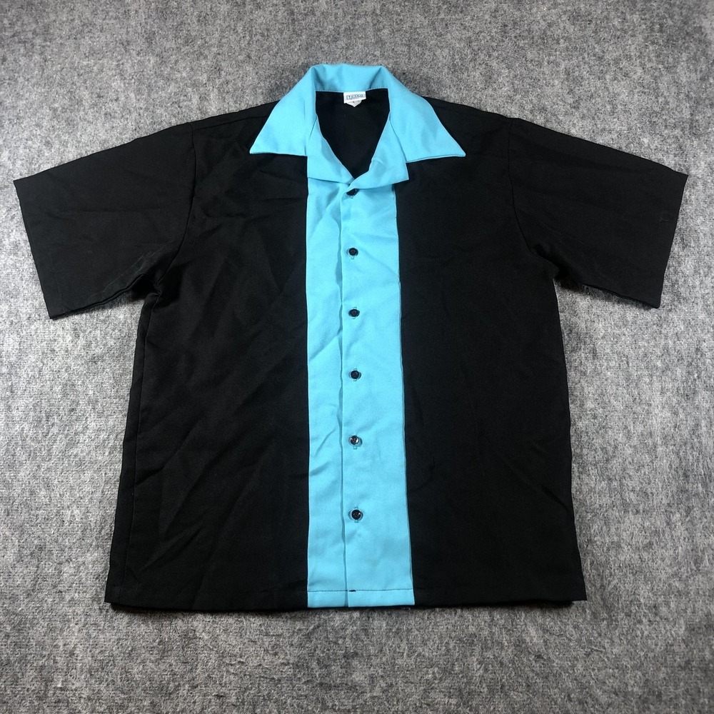 Vintage Tutti Bowling Shirt Mens L Black Blue Colorblock Made USA